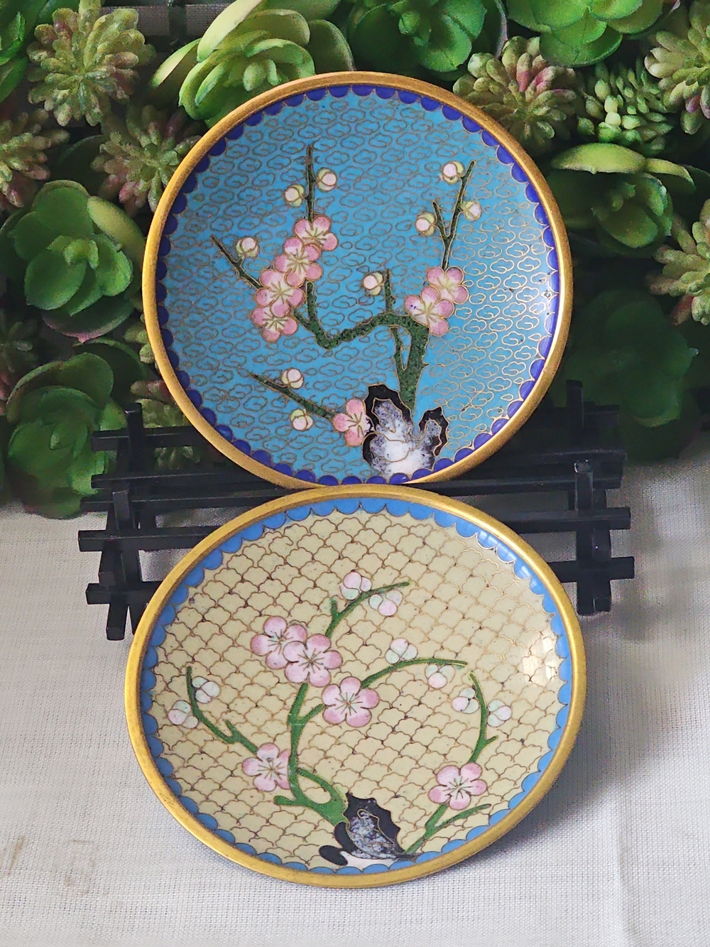 Vintage Pair Decorative Cloisonné Floral Cherry Blossoms Plate / Trinket Dish